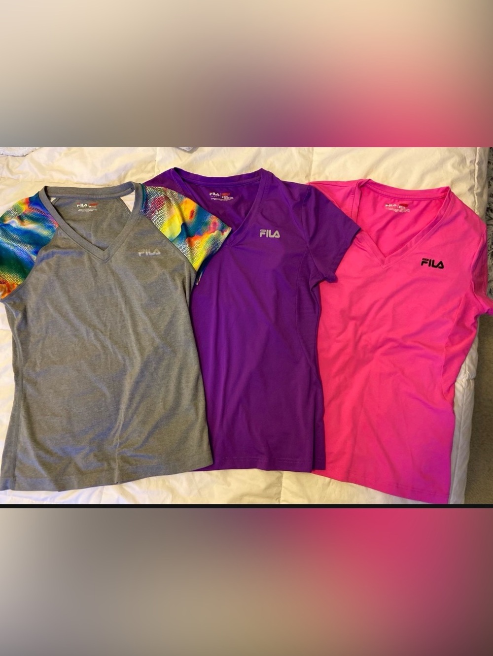 Lot of 3- FILA Women’s Short Sleeve V-Neck Tops in Gray, Purple & Pink